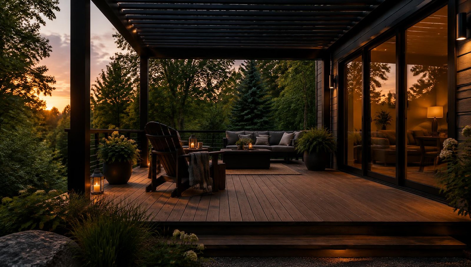 A modern backyard deck with comfortable outdoor seating at sunset