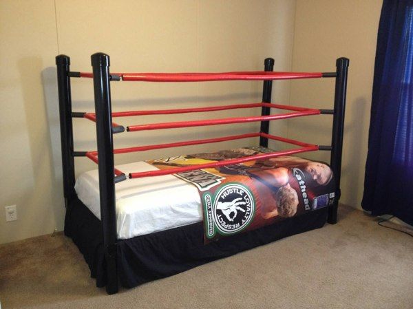 a simple red and black boxing ring bed, best for kids