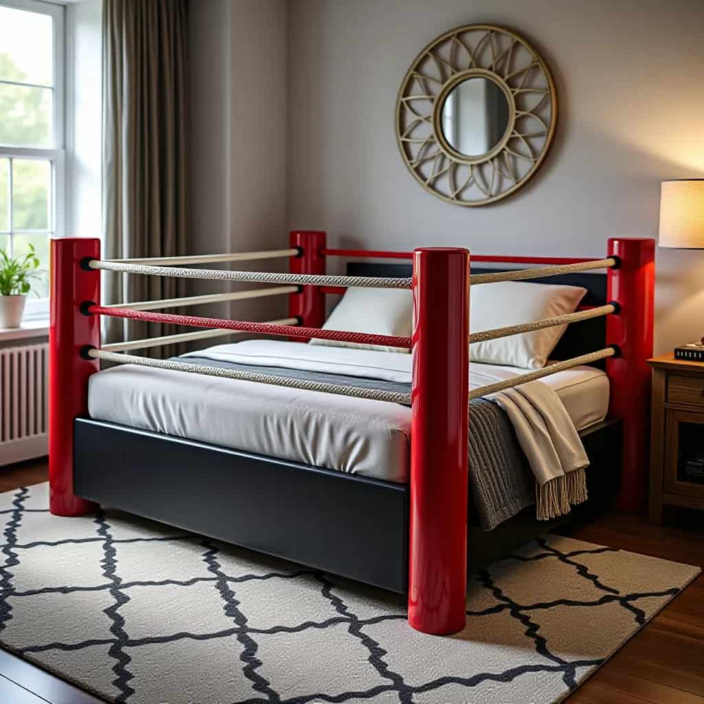 small size boxing ring bed with white and blue accents