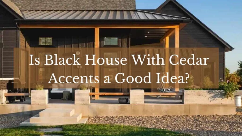 an image of a black house with wooden cedar accent and text upon it