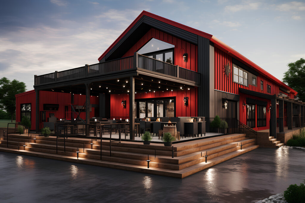 black barndominium with wooden deck