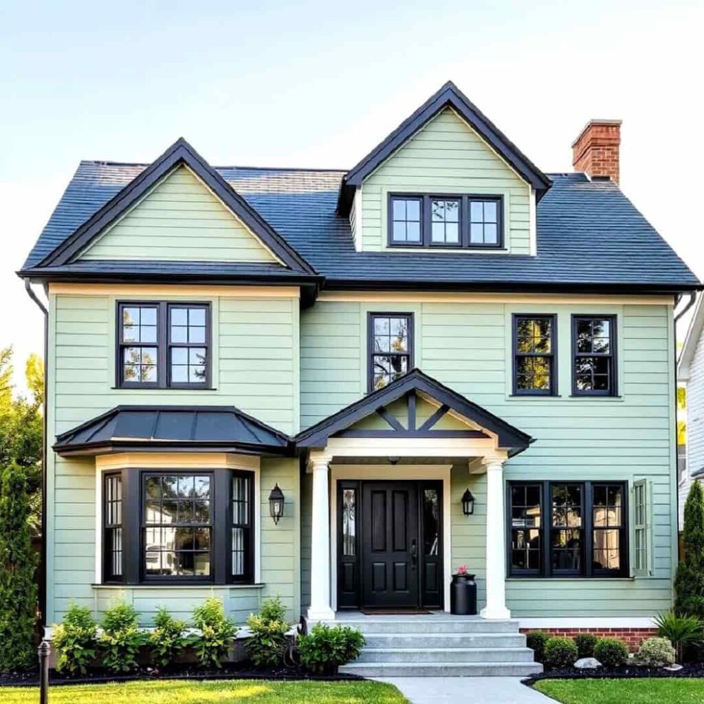 an image of black metal roof on sage green bungalow