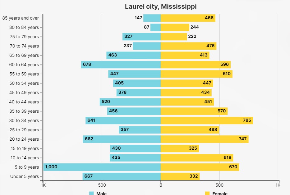Population Data Male Vs Female, Laurel Mississippi