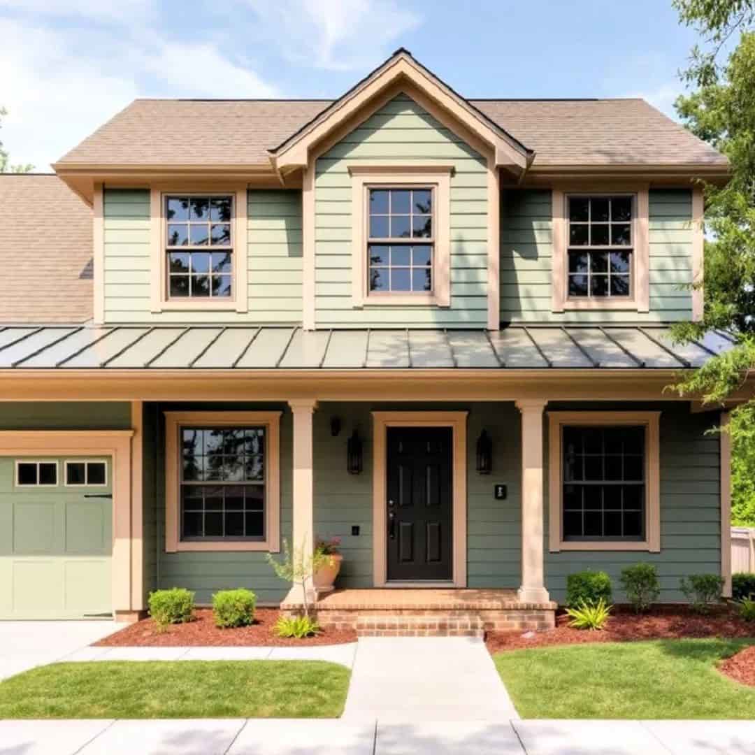 an image of a sage green house with black window, beige accent, and roof