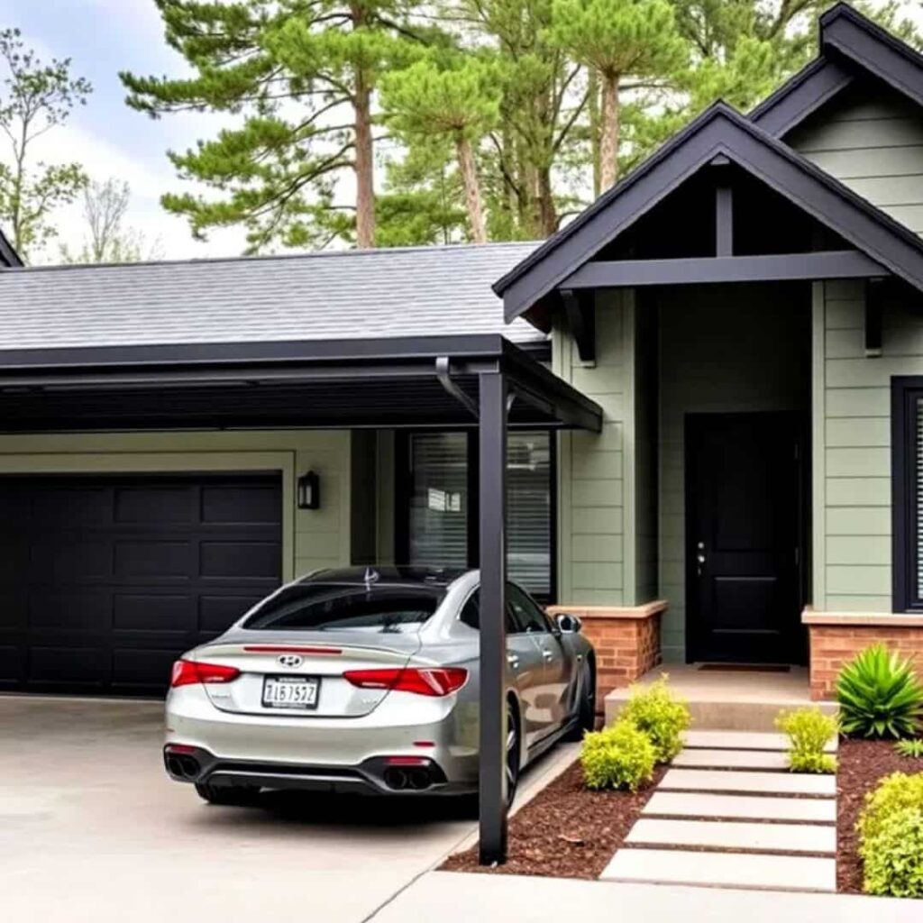 an image showing sage green house with black accent and a black garage door