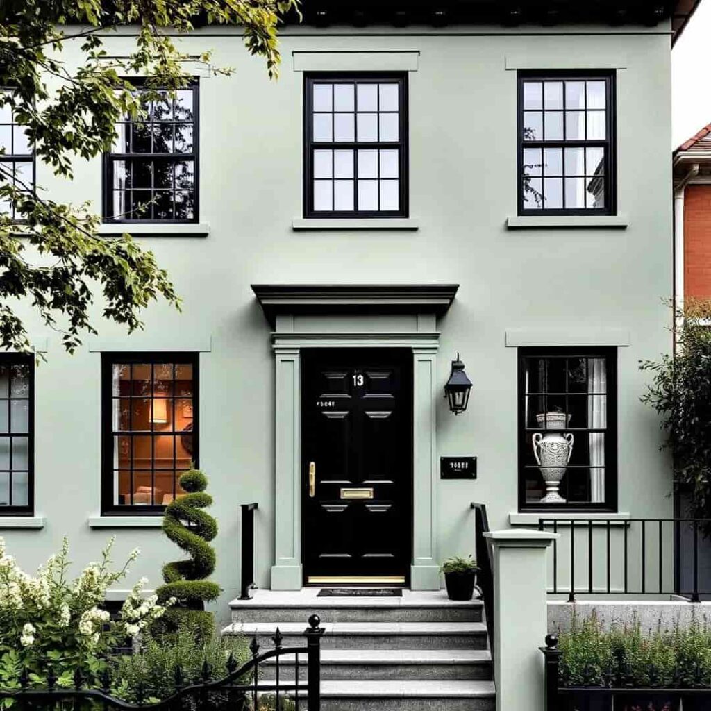 an image showing a sage green house with black window accent