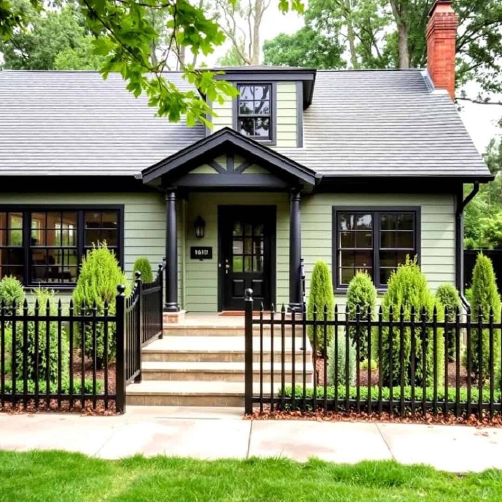 an image of sage green house with black fencing