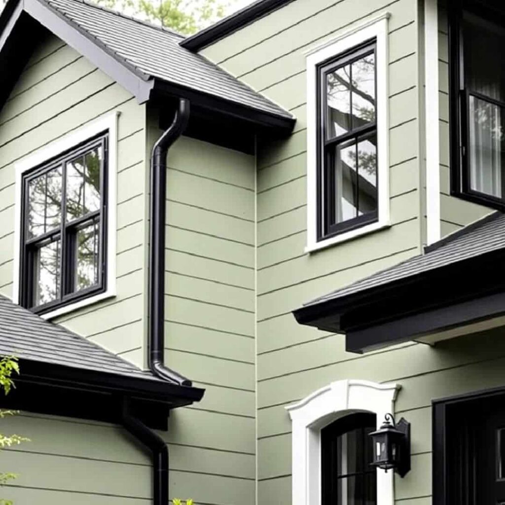 an image showing sage green wall exterior with black window, roof, and gutter