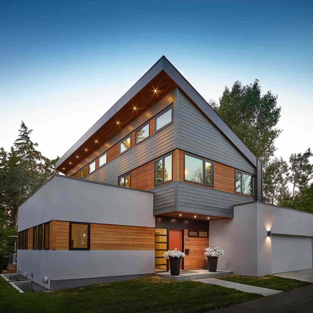 gray and white house with cedar fascia