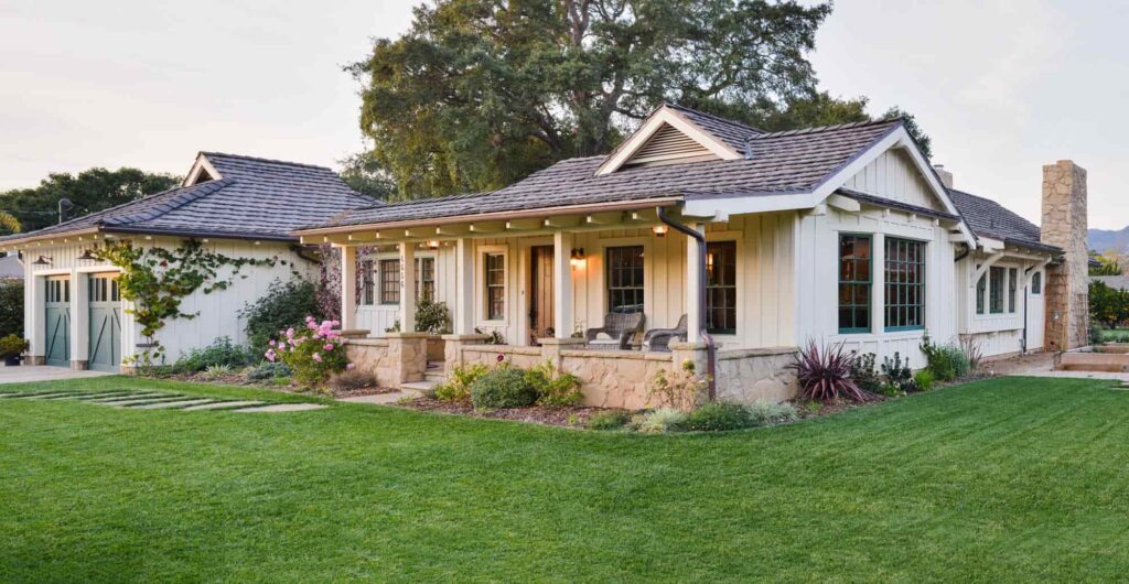 Single story white ranch with black accent