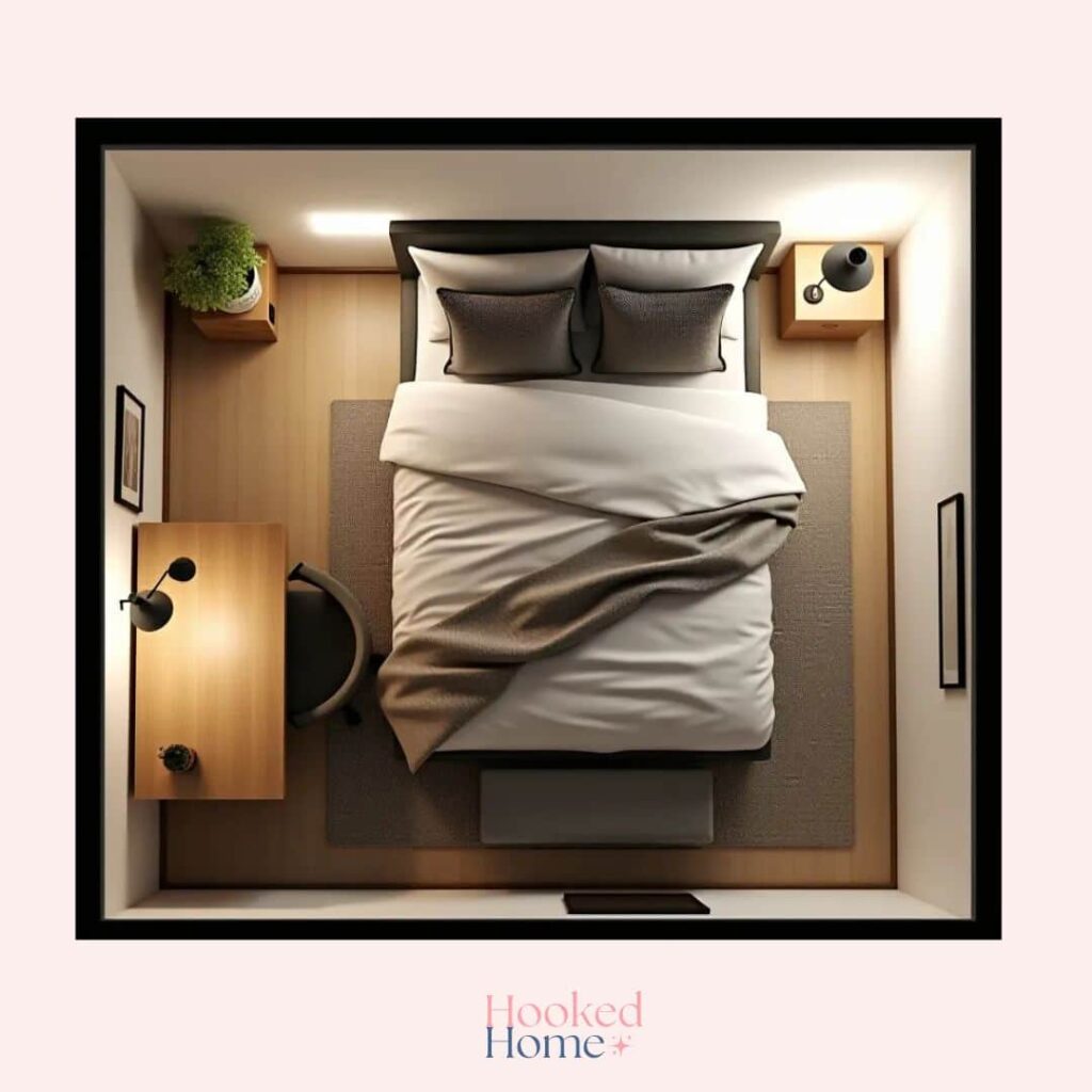 an image showing 10x10 room with a king size bed and study table