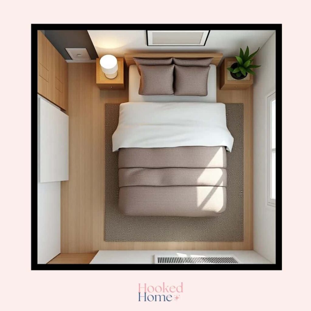 an image showing a queen sized bed being fitted into a 10x10-foot room, a walk in closet on the left of the bed, some decorative items for visual appeal