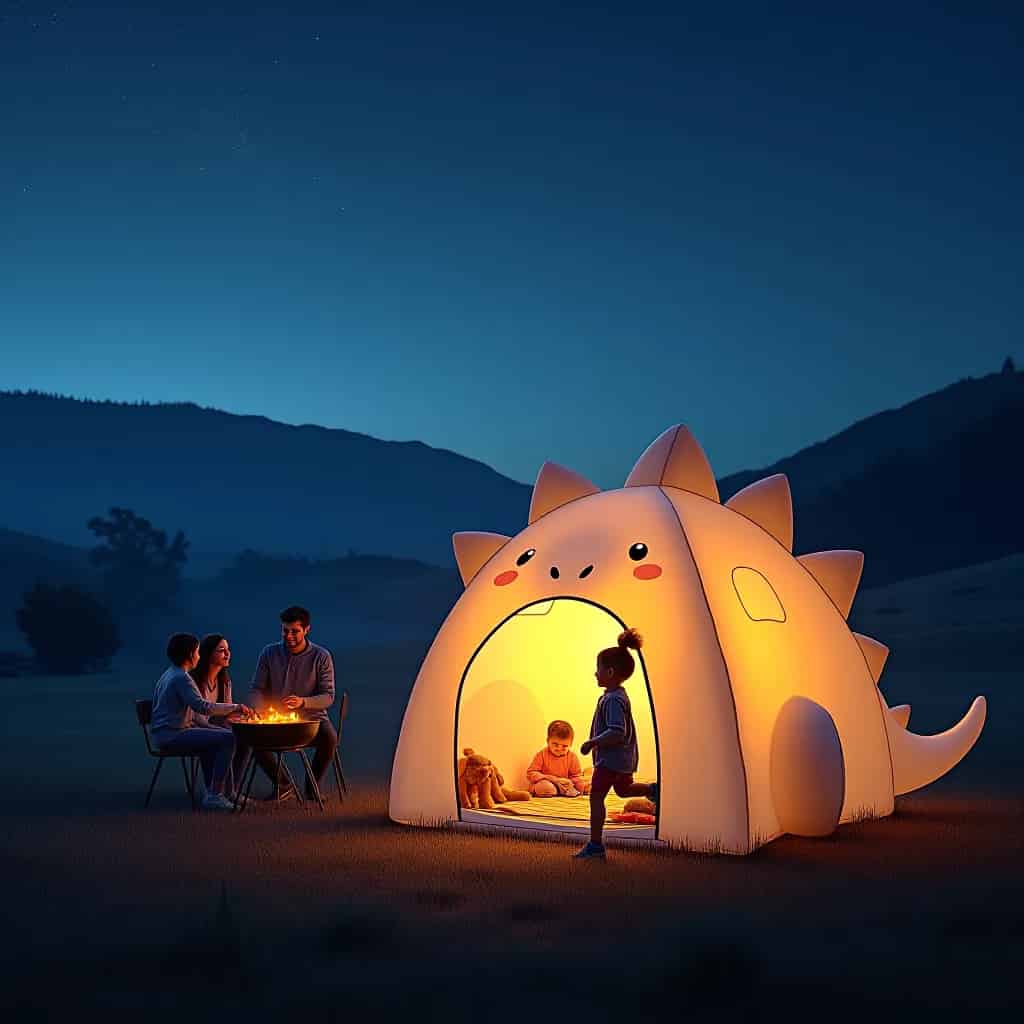 night time, family camping in a 3D dinosaur inflatable tent