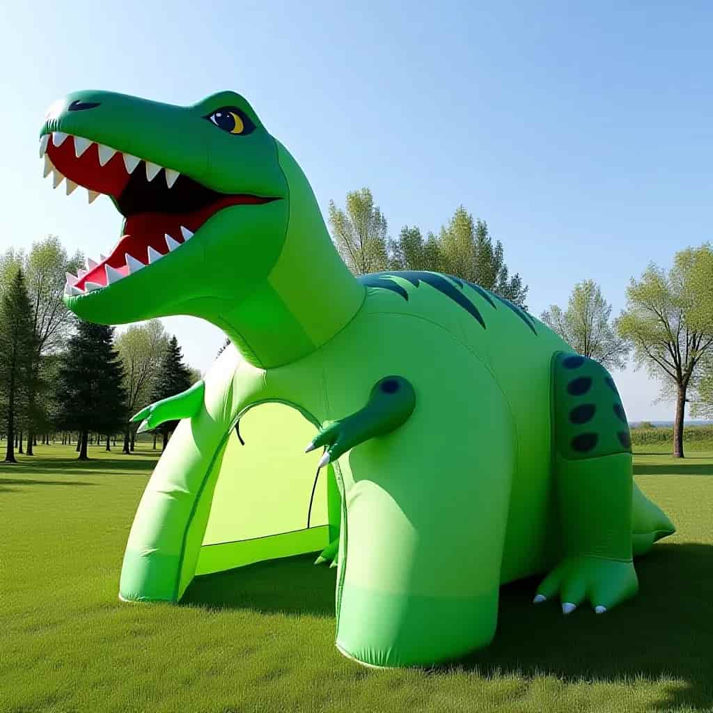 an image of a green colored 3D inflatable t-rex dinosaur tent