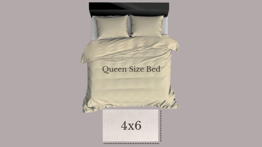 an illustration of how big 4x6 rug looks inside a queen size bed