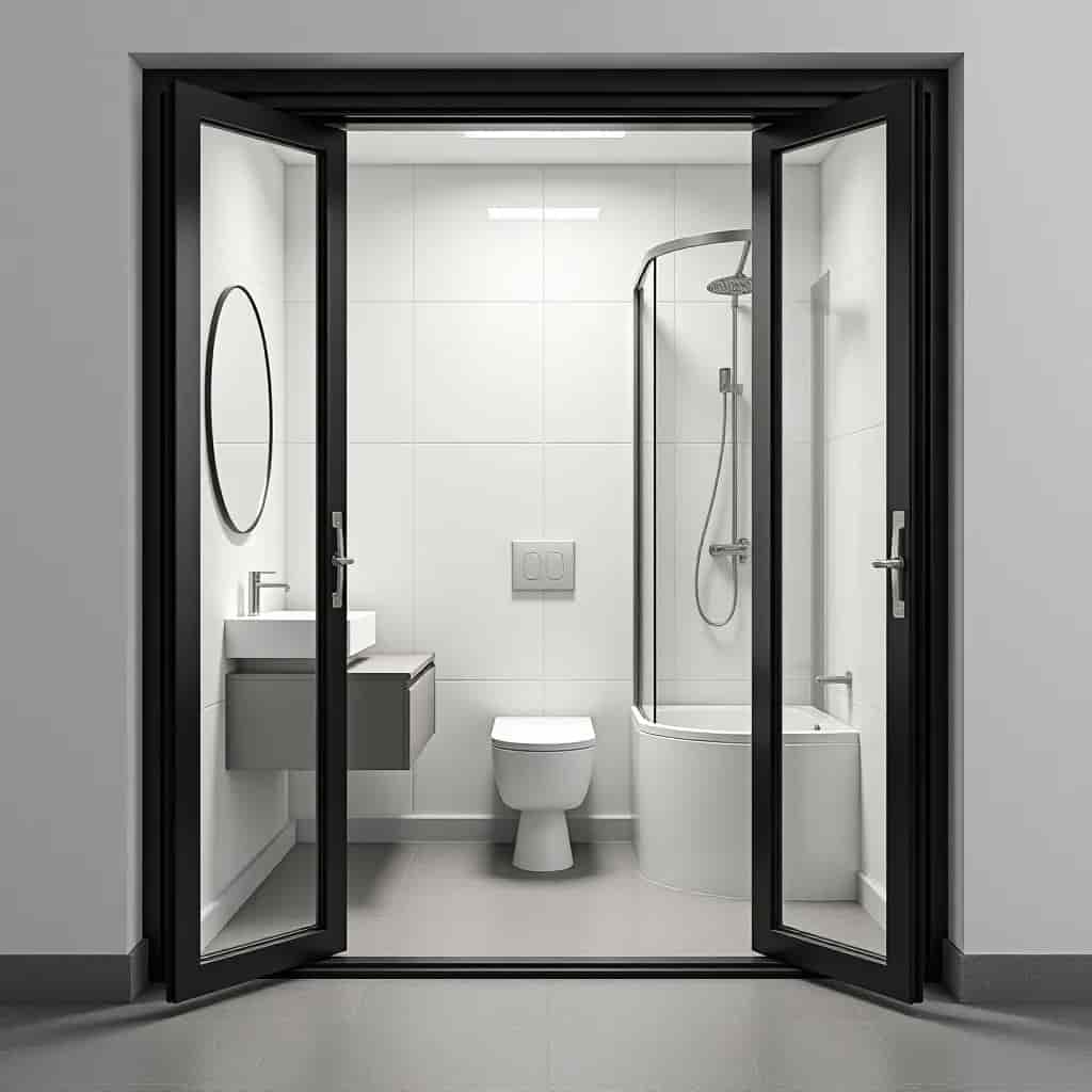 an image with a bi-fold doors in a 3x5 powder room, with a floating vanity, sink, toilet seat, and a corner shower area