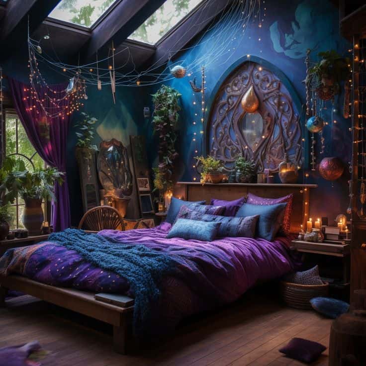 image showing blue and purple colored gypsy boho bedroom