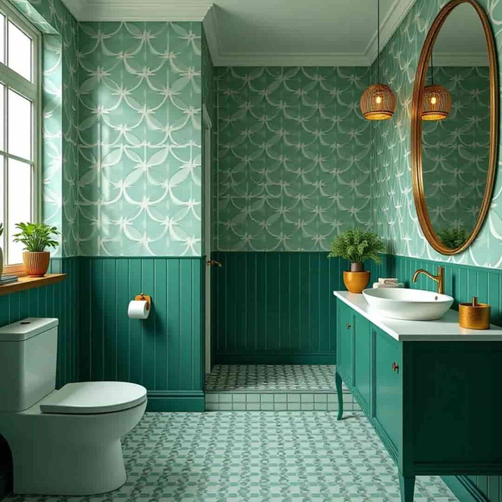 image of emerald green with geometric patters in a bahtroom