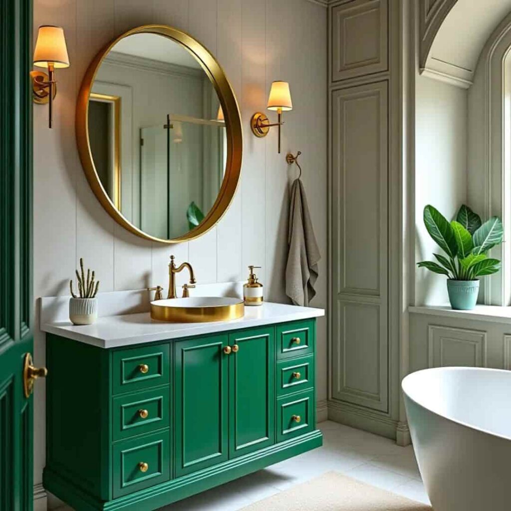 an image featured with Emerald vanity and golden sink bathroom