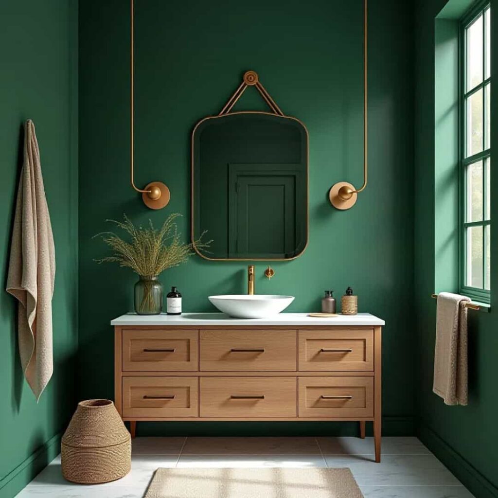Emerald walls with gold accent mirror