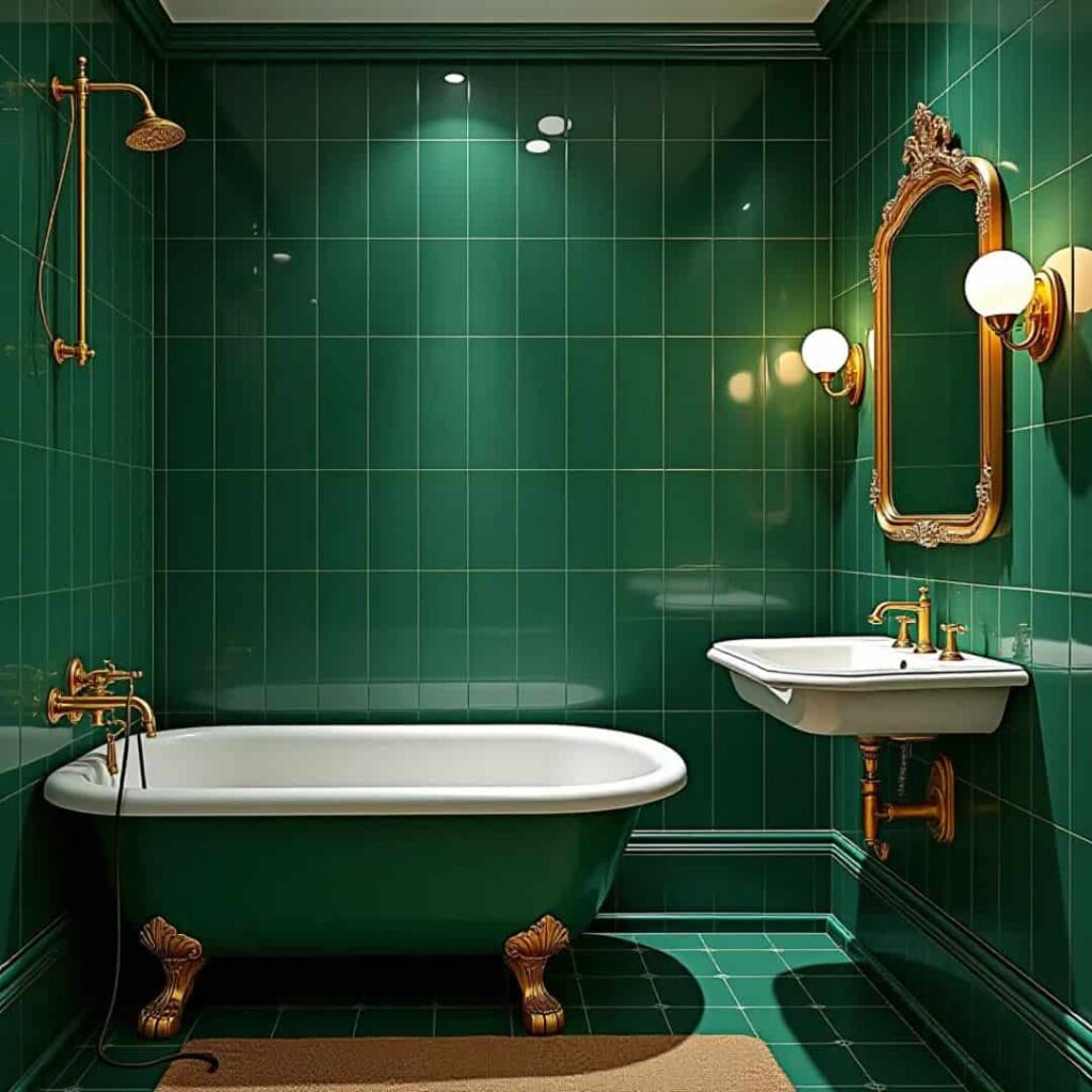 an image showing emerald green tiles with vintage gold fixtures in a modular bathroom