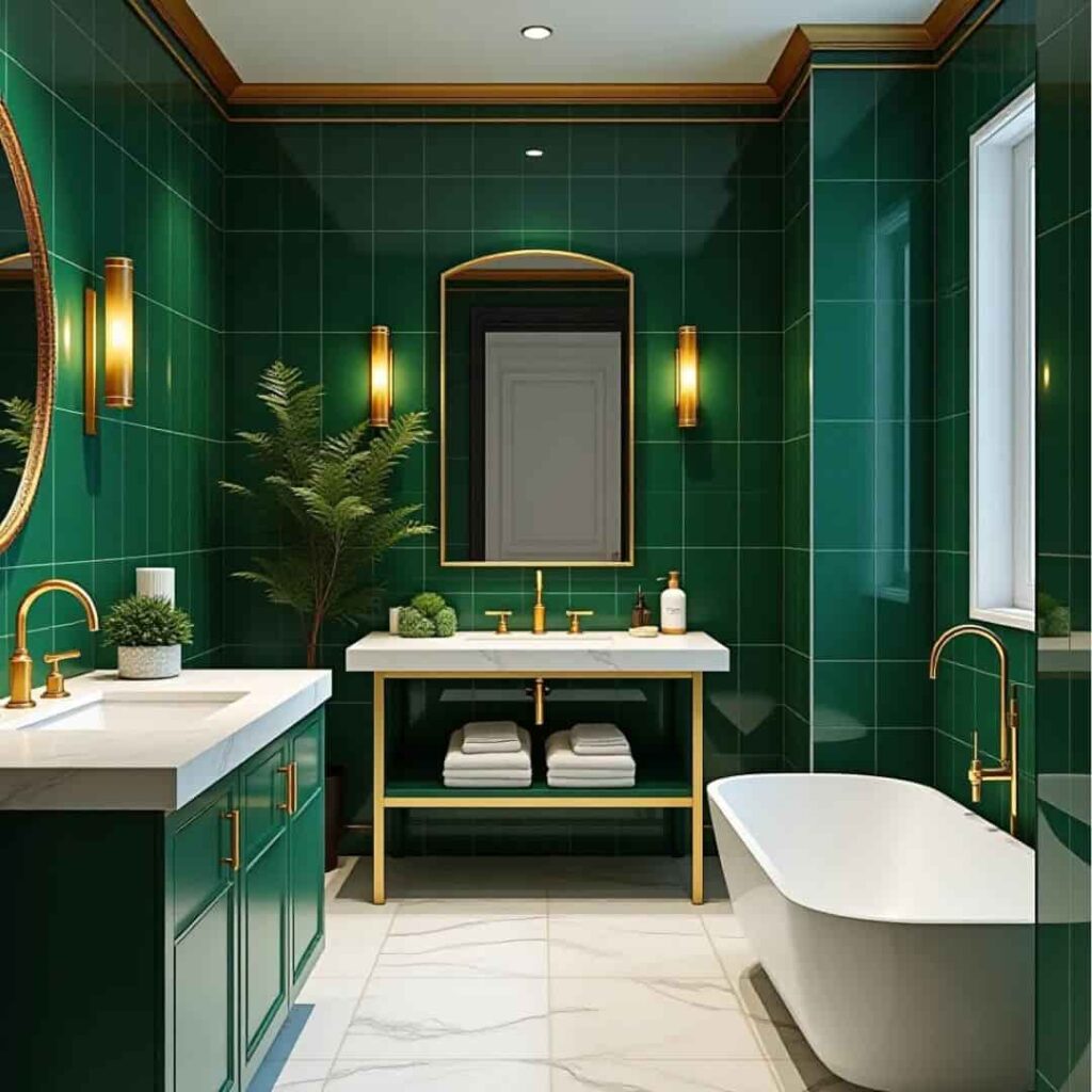 an image showing bathroom having emerald green wall with gold accent lighting