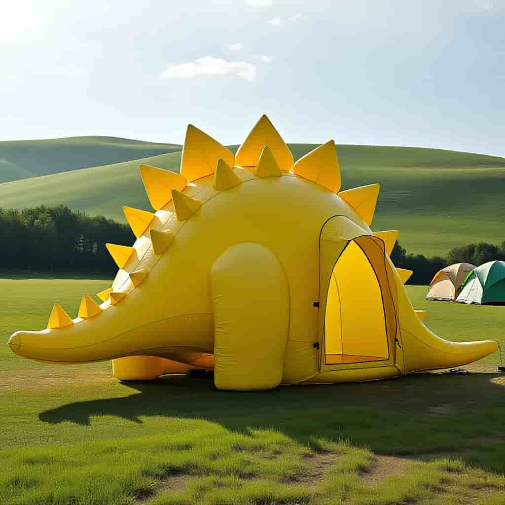 an image of a yellow colored 3D Stegosaurus shaped tent