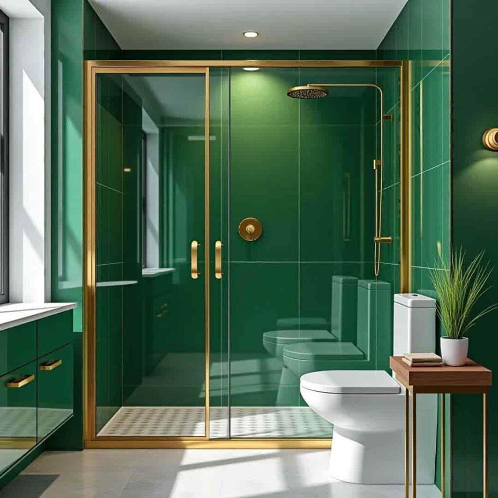 golden shower frame inside a green emerald bathroom