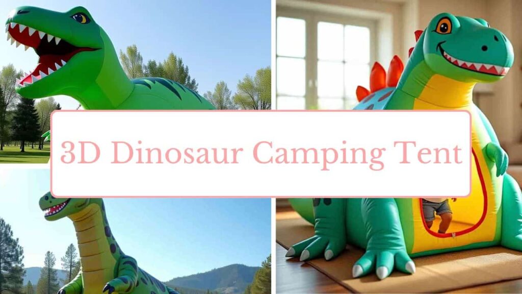 a collage of 3D dinosaur tents with a text upon it