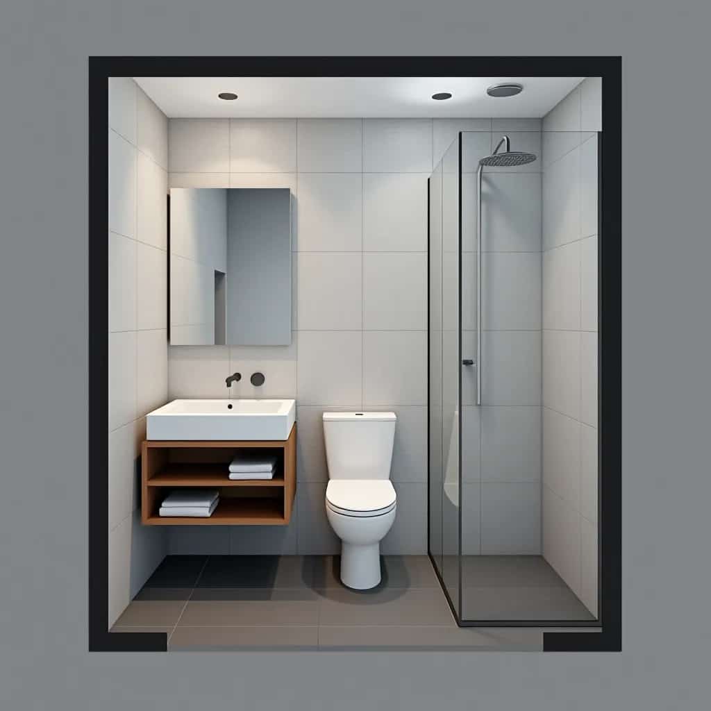 An image of a 3x5 powder room layout with a floating vanity, sink, toilet seat, and a shower space