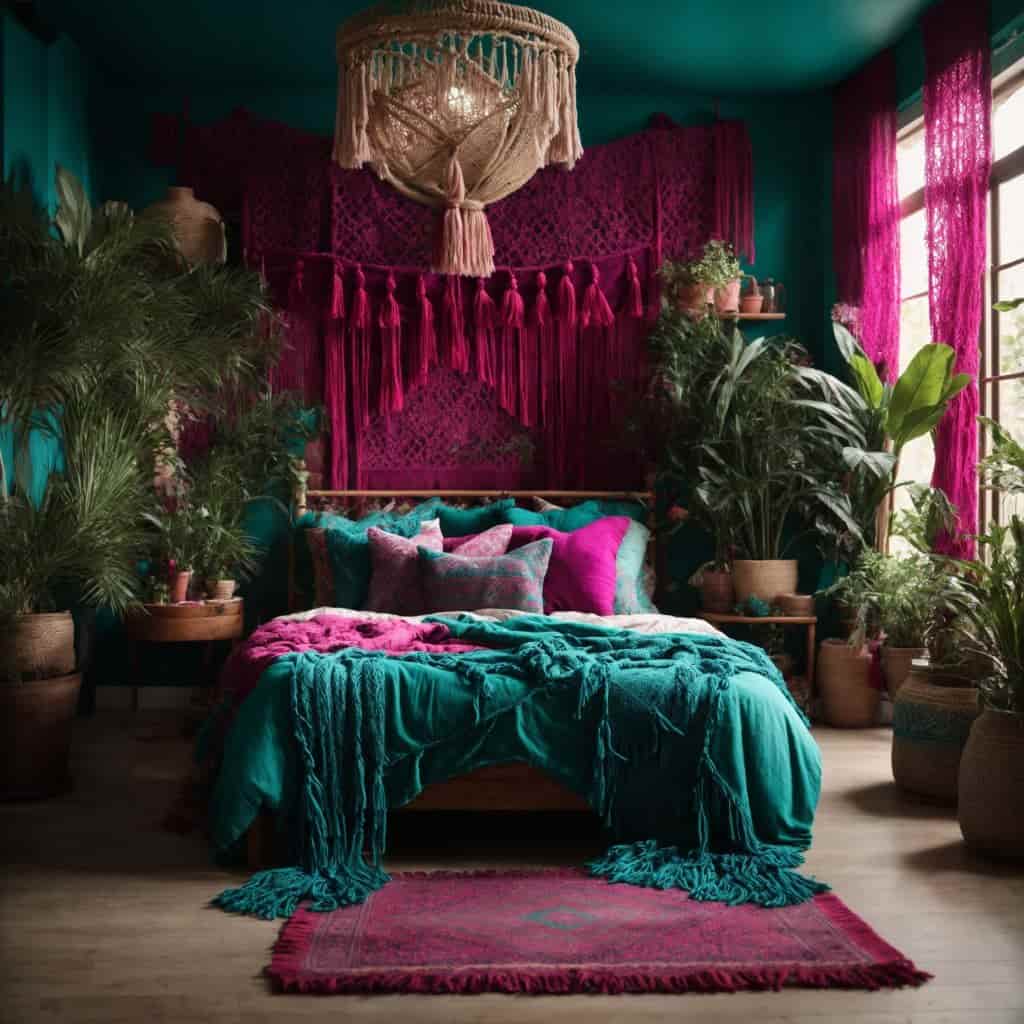 an image of a dark pink marcrame in a gypsy style bedroom