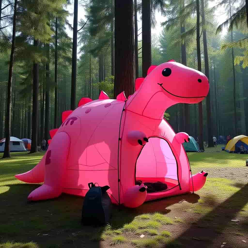 an image of a 3d shaped dinosaur camping tent in pink color