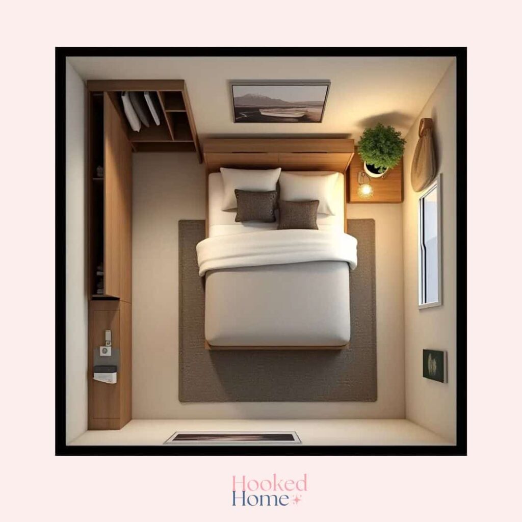 an image of twin size bed in 10x10 room with walking closet