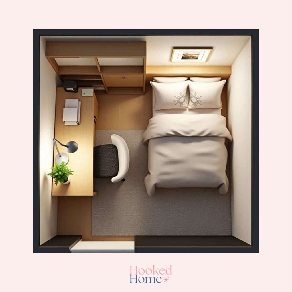 an image showing twin size bed in a 10x10 room with study table and storage