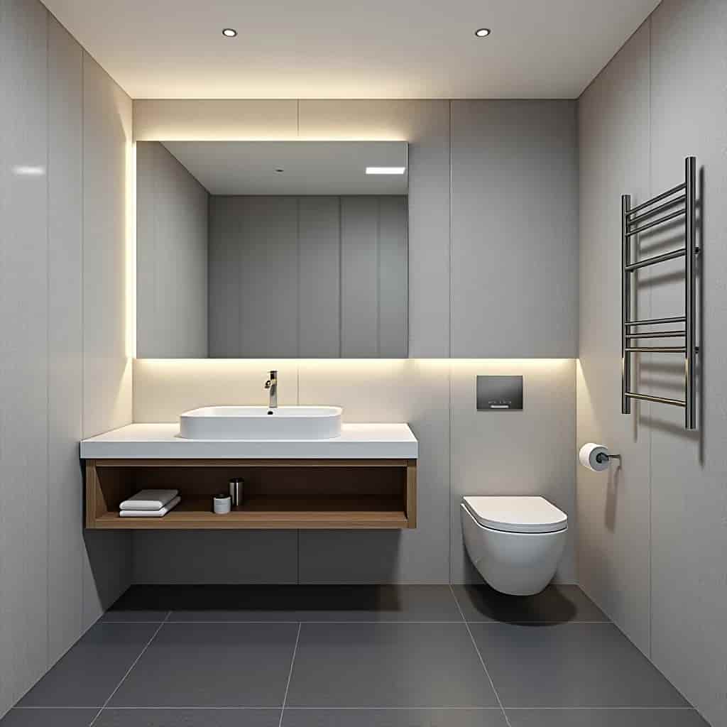an image of a half-bathroom 3x5 layout, with a toilet seat, and a large mirror