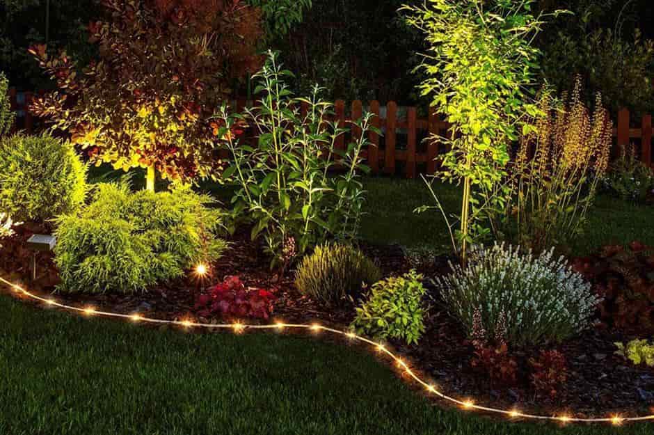an image showing a corner garden with lighting on edge