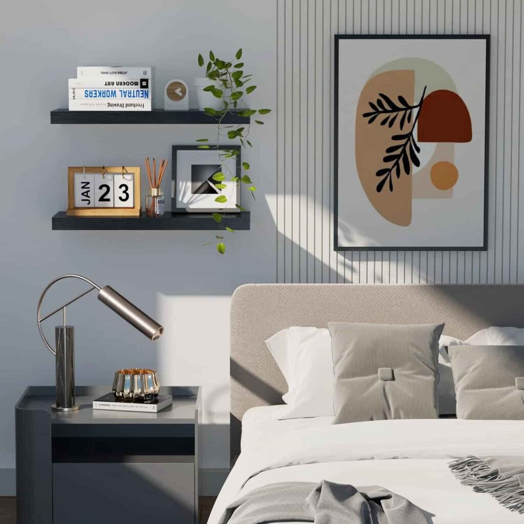 a wall mounted floating sheleve in a rustic bedroom