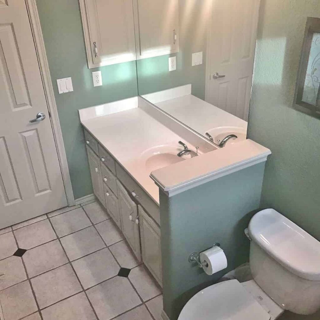an image of a 10x10 compact bathroom with double vanity and toilet