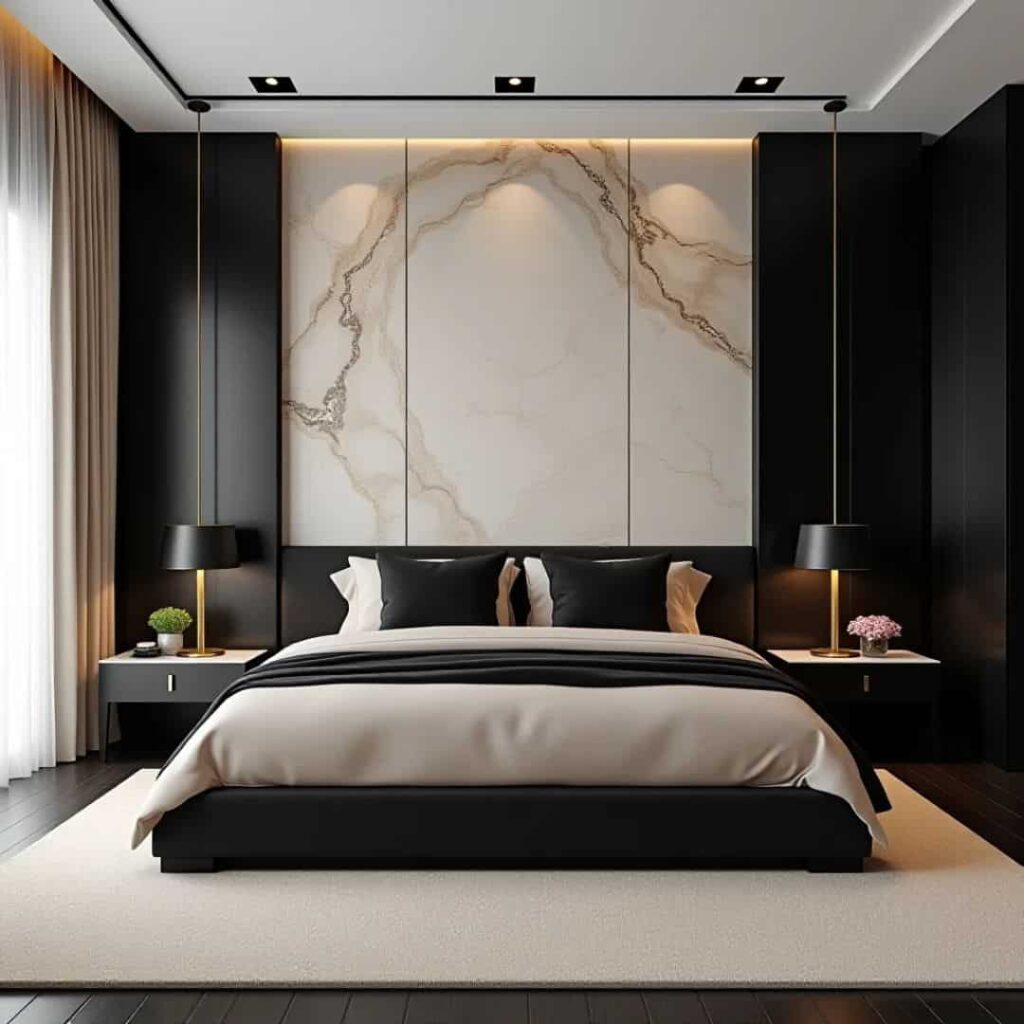an image of black and beige bedroom with marble accents