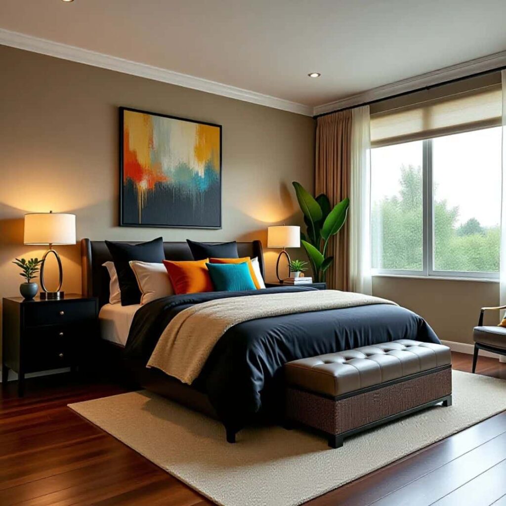 an image showing Black and beige bedroom with pops of color