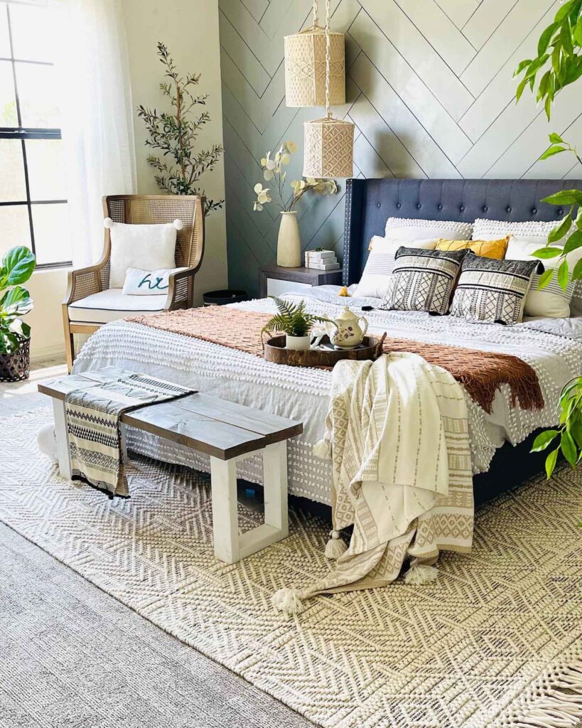 Bohemian black, white, and beige bedroom image
