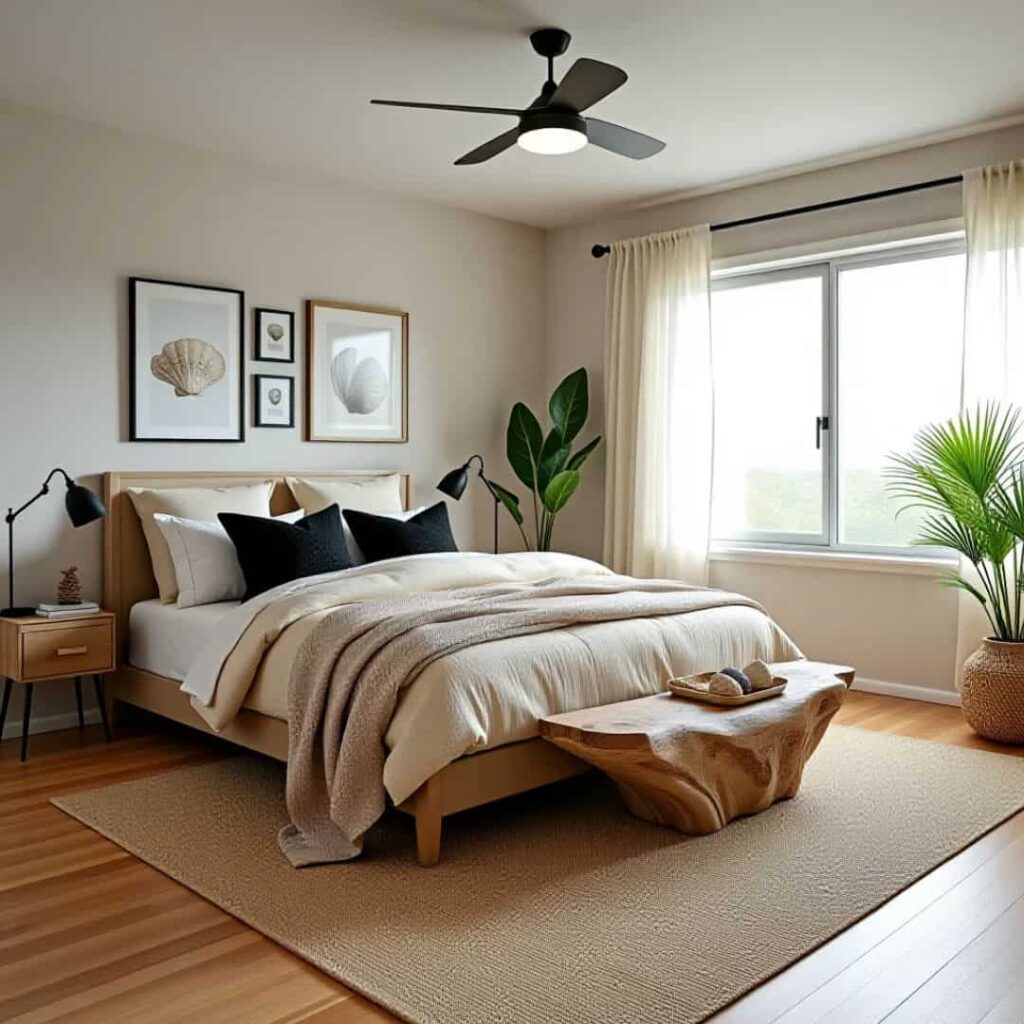 an image of Coastal Themed black and beige bedroom