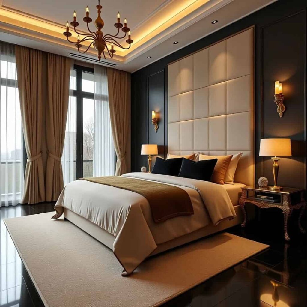 an image of Gold, beige, and black bedroom