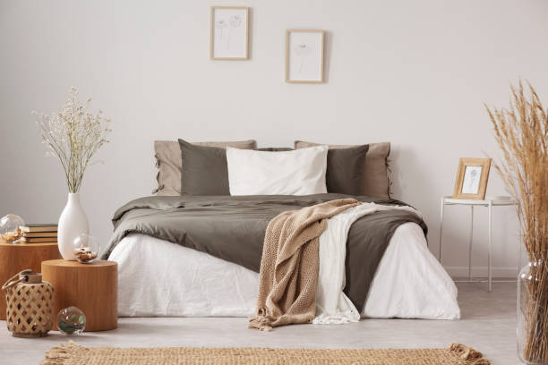 Scandinavian themed black and beige bedroom image