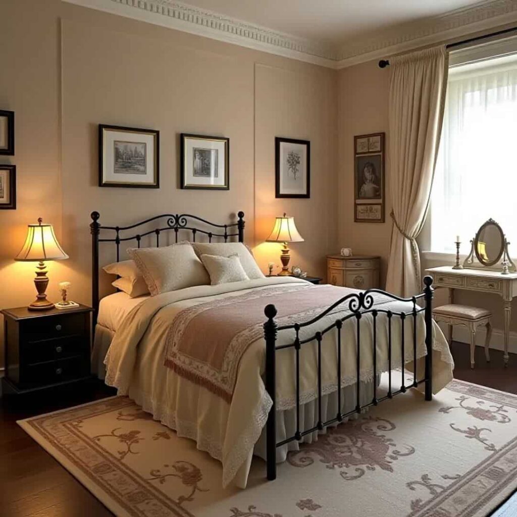 an image  of Vintage style black and beige bedroom