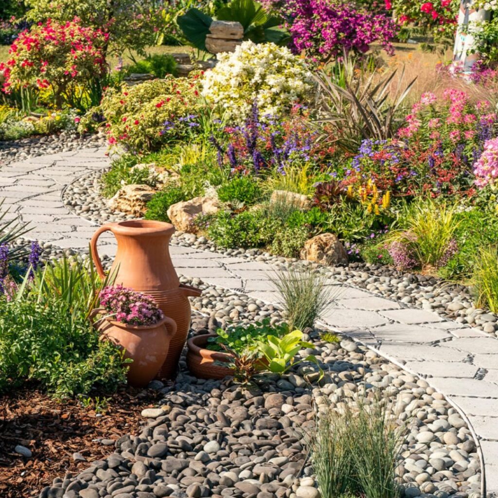 an image representing a fairytale english cottage garden with natural elements such as vase, pebbles, stone pathway, and flowers