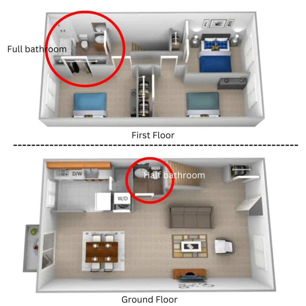 a layout image of an airbnb rental property with 1.5 bathroom