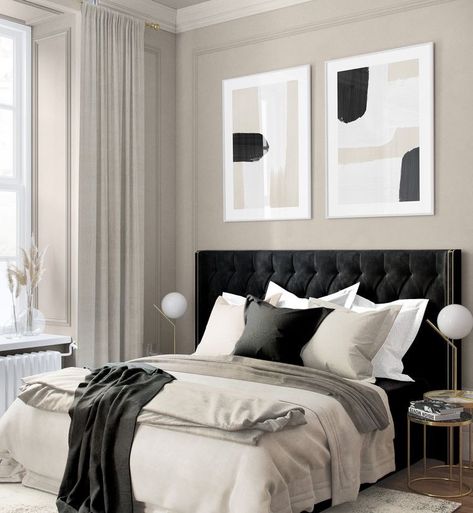 an image of a bedroom with black, white, and beige color palette