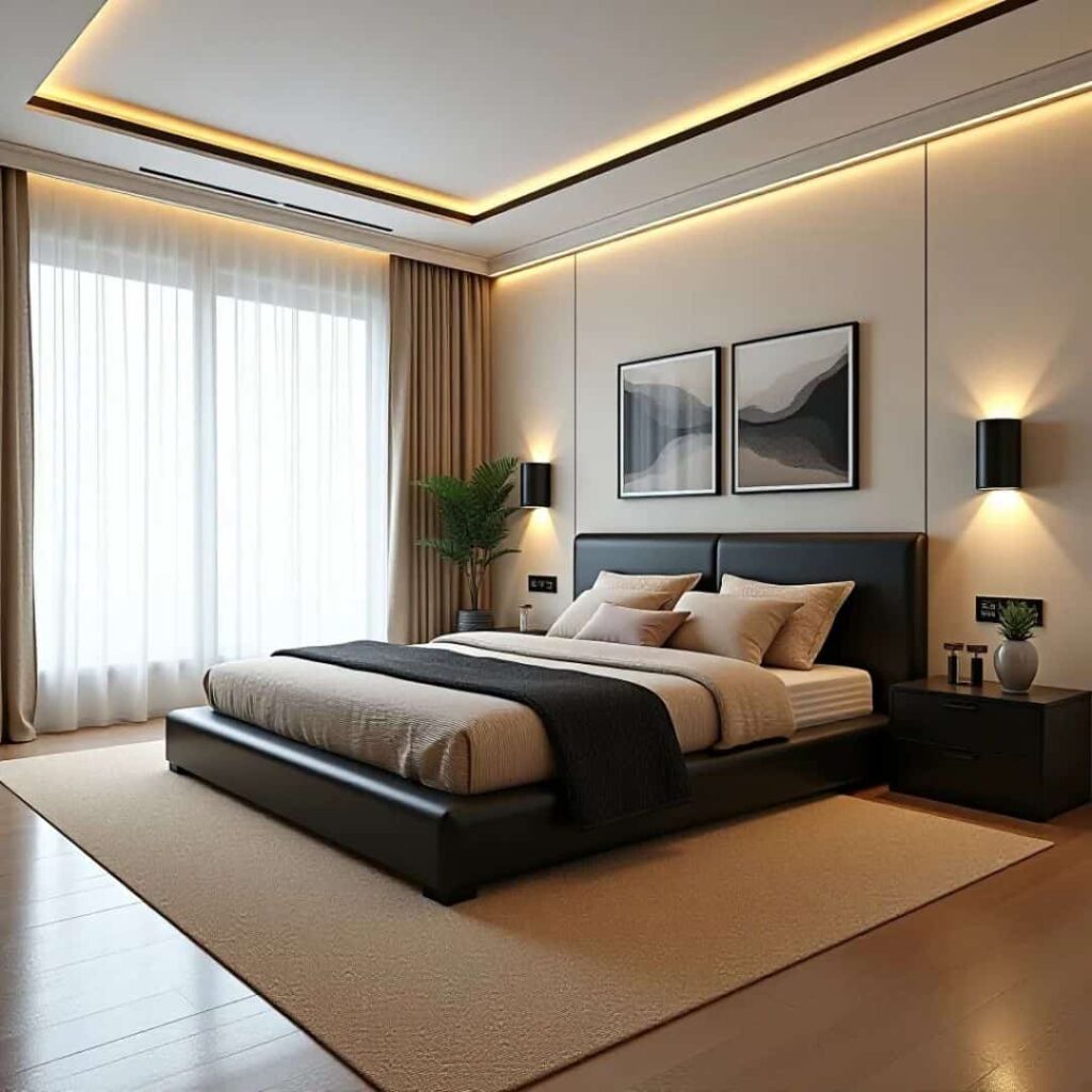 an image of a contemporary style beige and black combo bedroom with some golden lighting