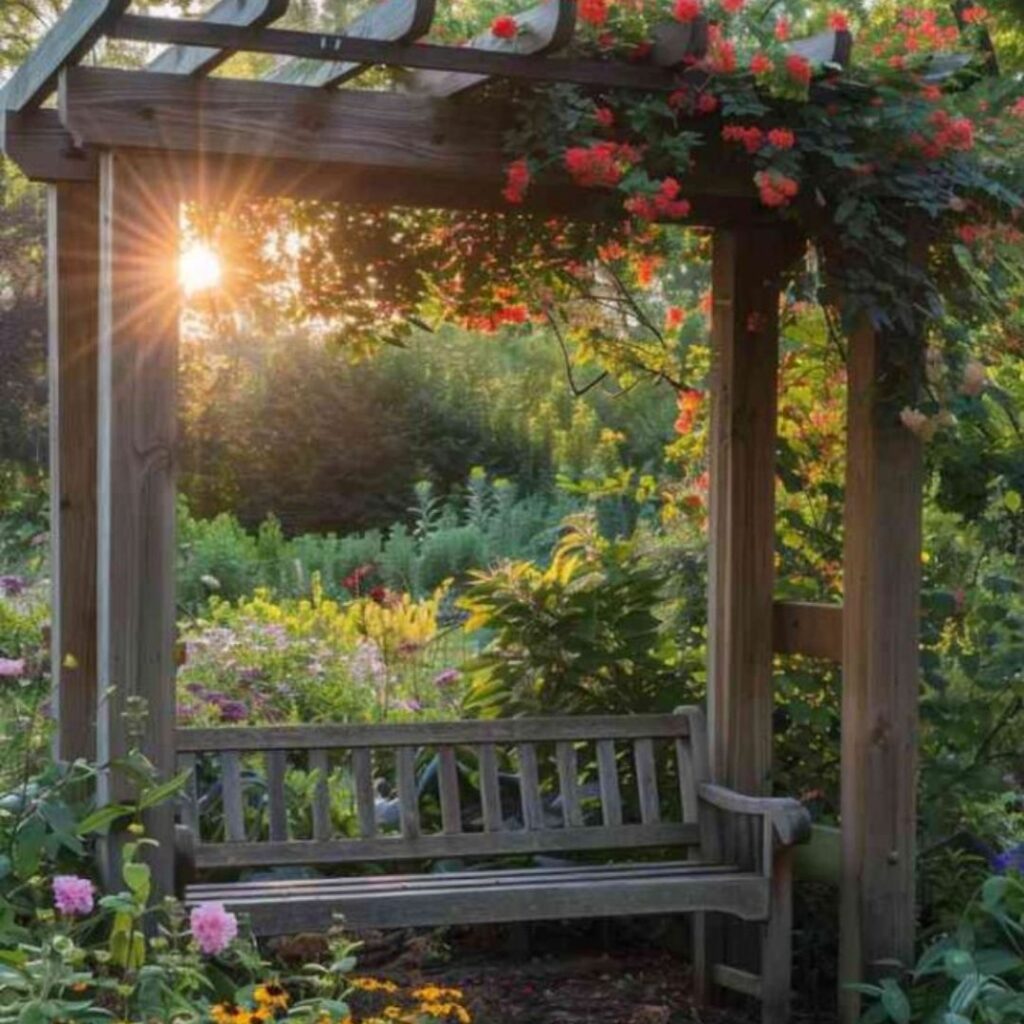 an image of black trellis filled with plants and flowers